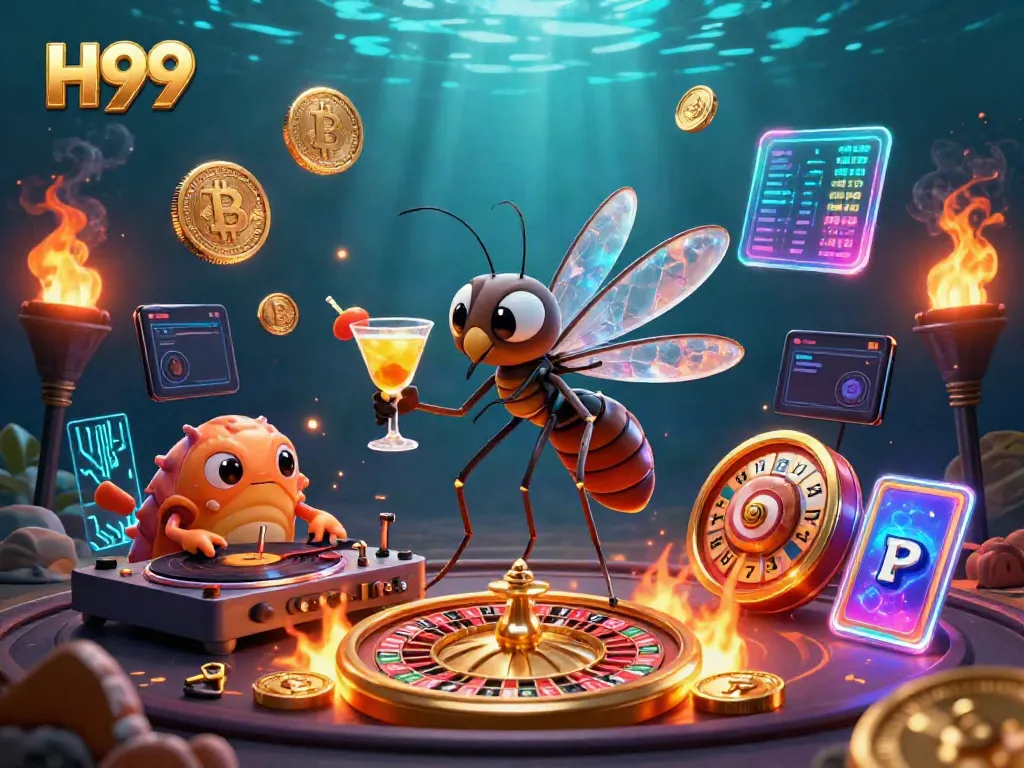 Experience gaming excitement with H99 as a frozen-in-amber mosquito casino mascot, roulette, and crypto coins.