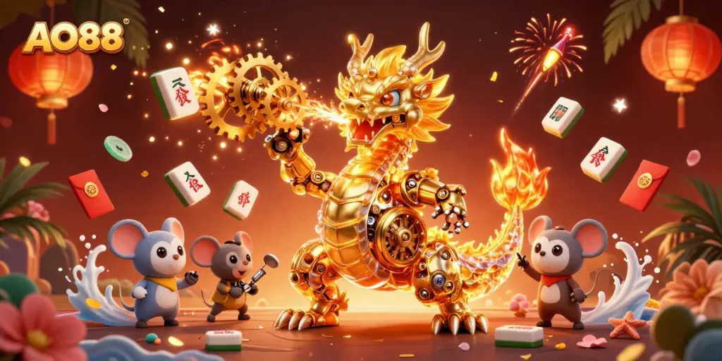 Engage with the exciting gameplay of AO88 featuring a dragon amidst colorful casino elements.