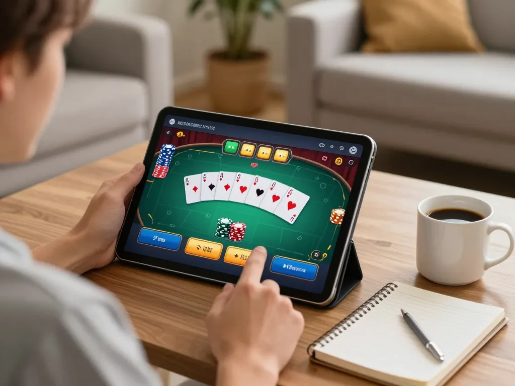 Engaging in gg88 online poker gaming on a tablet at home, highlighting strategic gameplay.