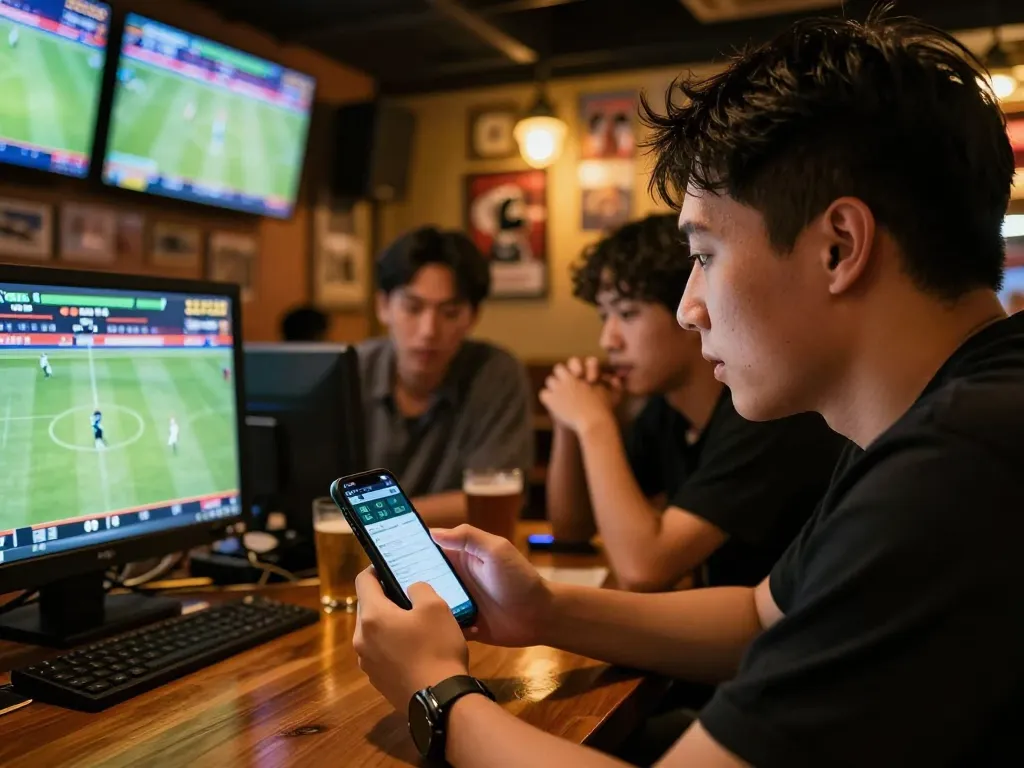 Engaged bettors reviewing kèo nhà cái odds at a bustling sports bar with multiple screens
