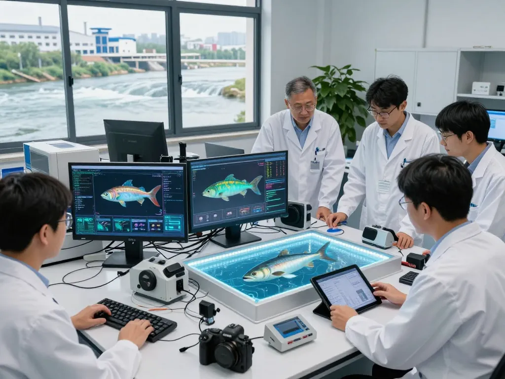 Collaboration in hydropower research lab featuring HBET technology and data models.