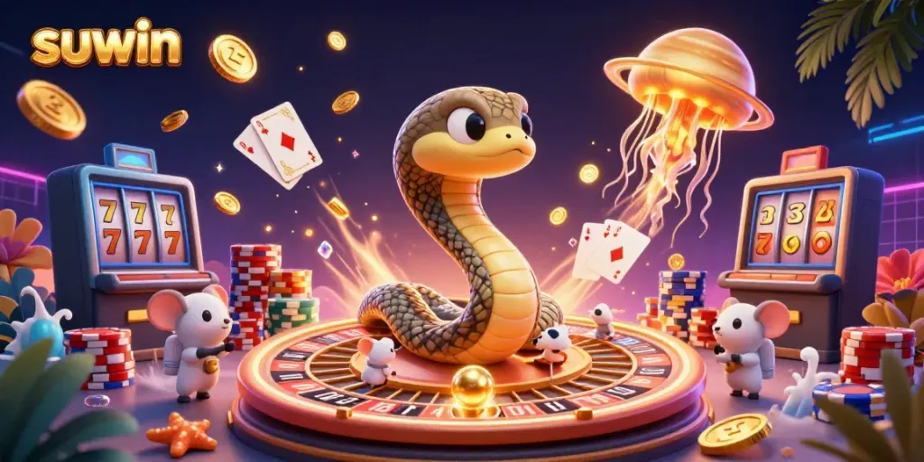 Experience thrilling gameplay with suwin as mice bet on a roulette ring, set in a dazzling cosmic casino.