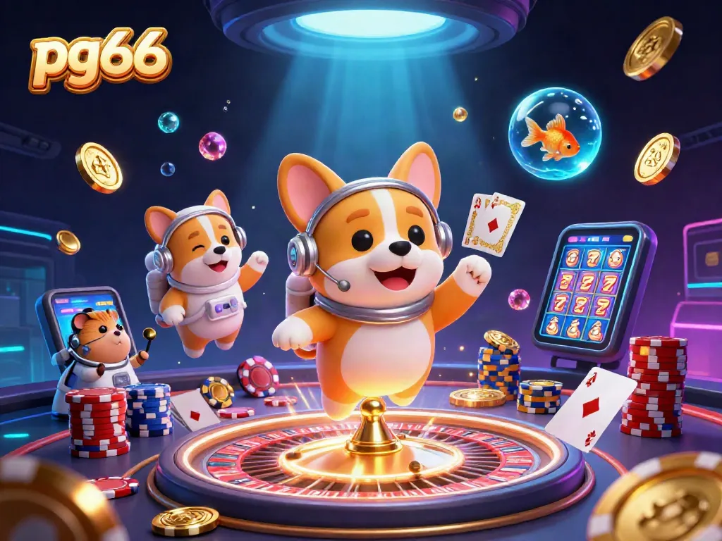 Experience gaming excitement with pg66, featuring a 3D corgi astronaut in a vibrant casino scene.