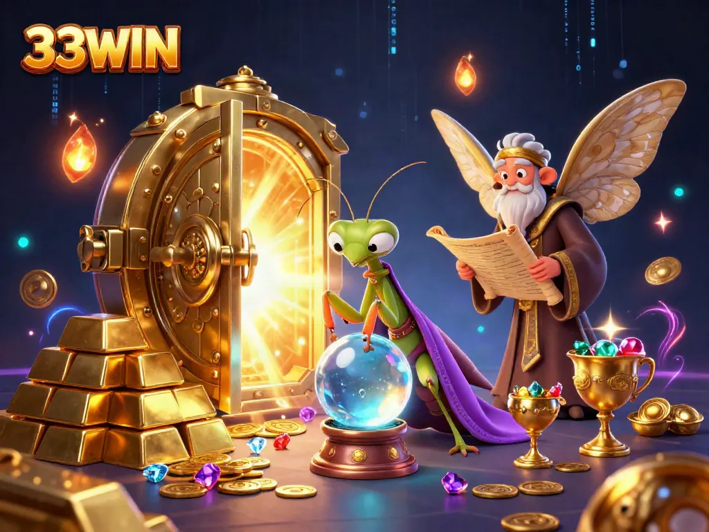 33WIN offers a vibrant online casino experience with a mystical 3D illustration of fortune tellers and treasures.