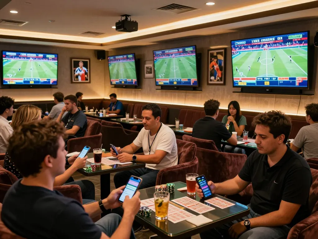 90phut betting action in a lively sports lounge with fans engaged in the game