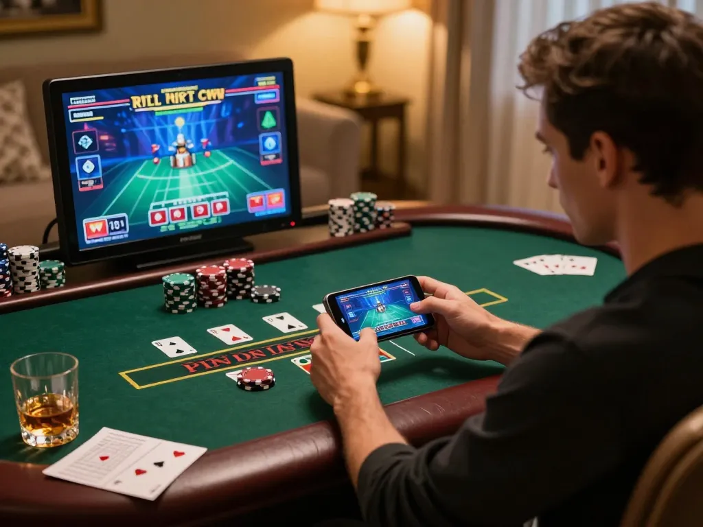 Sun win blackjack gameplay on smartphone showcases strategic betting in a cozy home setting.