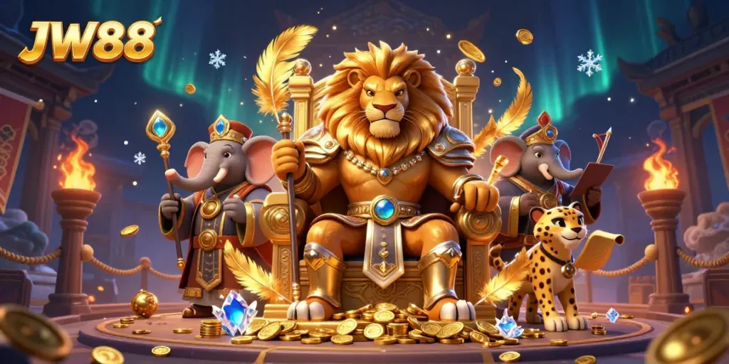 Experience thrilling gameplay at JW88 with a majestic lion king and dynamic casino elements.