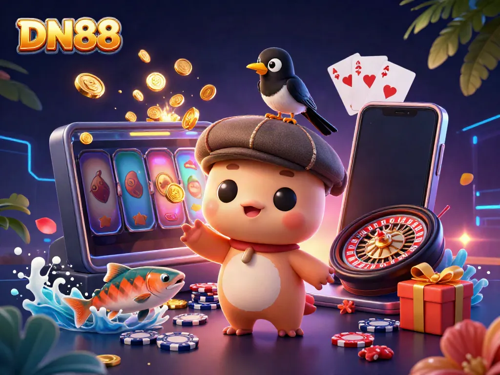 Experience the vibrant world of DN88 with a playful Nessie and friends amidst colorful slot game action.