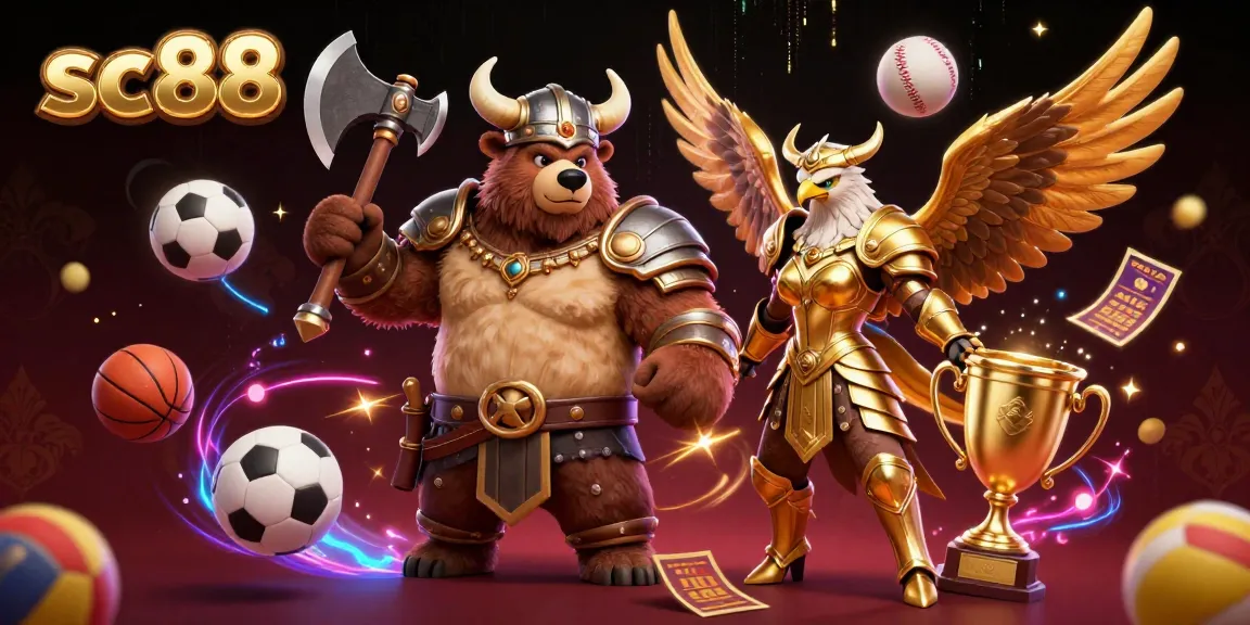 Engage with the vibrant sc88 casino scene featuring dynamic elements like sports balls, trophies, and a Viking bear.