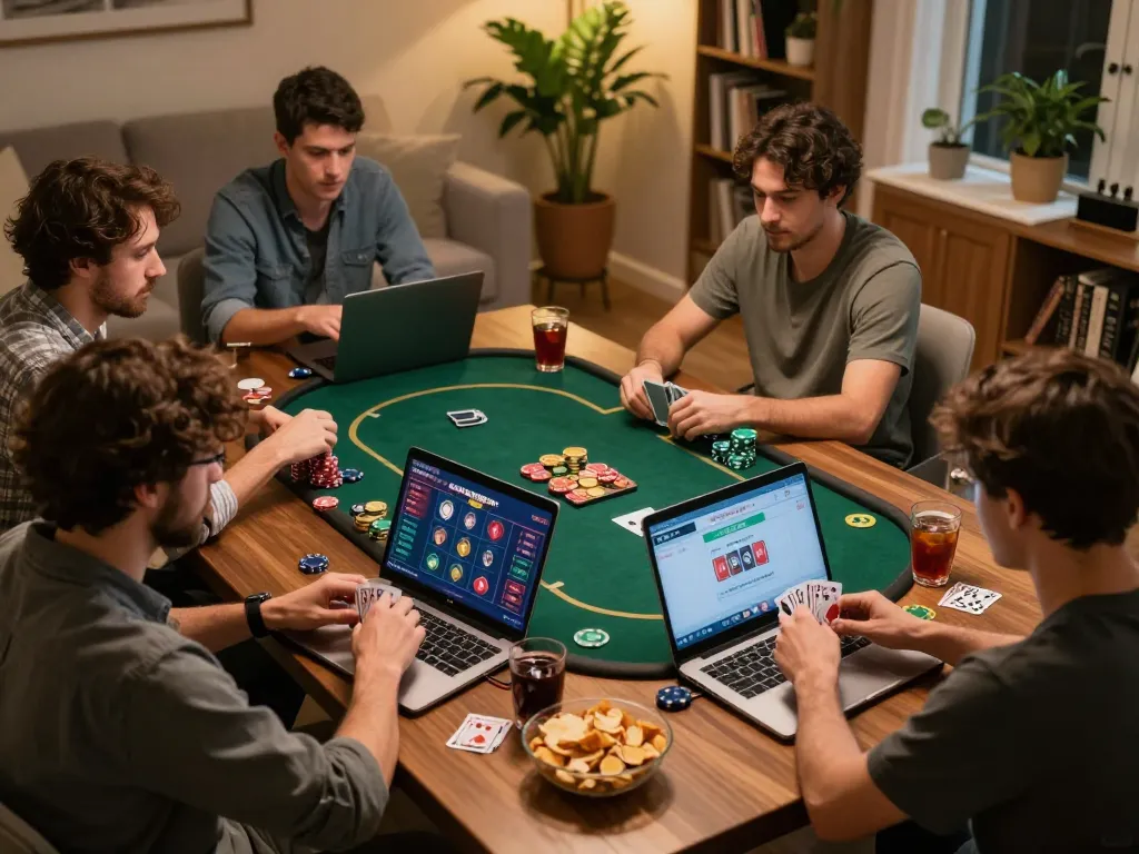 Players enjoying an online poker game on go88 in a cozy home setting, highlighting strategic engagement.