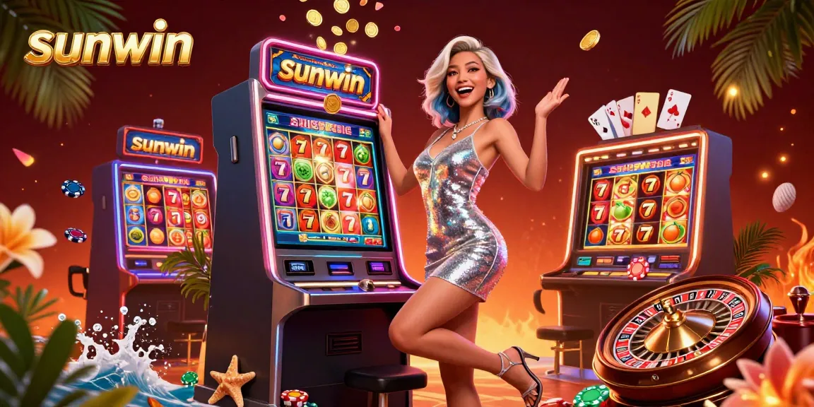 Experience win celebrations at Sunwin casino with vibrant slot machines and poker elements.