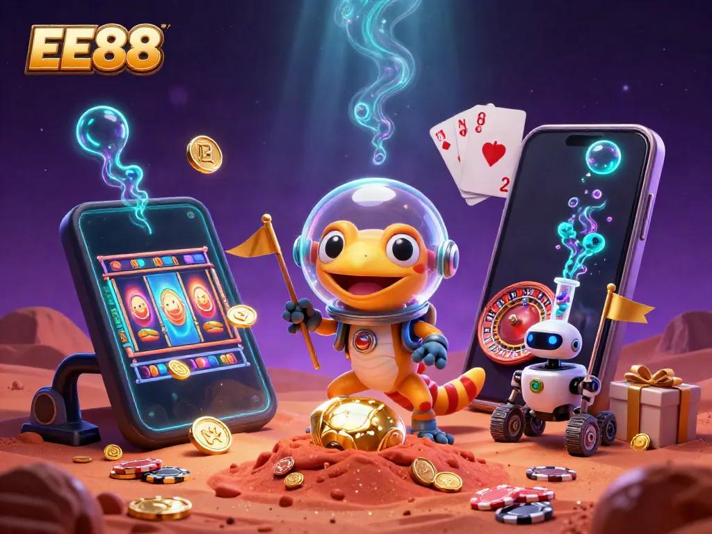 EE88 Martian gecko exploring a golden casino amidst vibrant gaming elements.