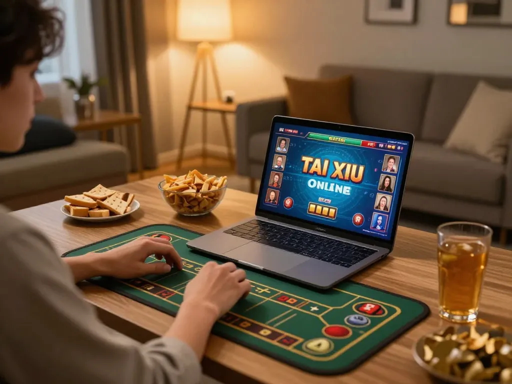 Engaging with tai xiu online on a laptop surrounded by snacks and drinks, showcasing a cozy gaming setup.