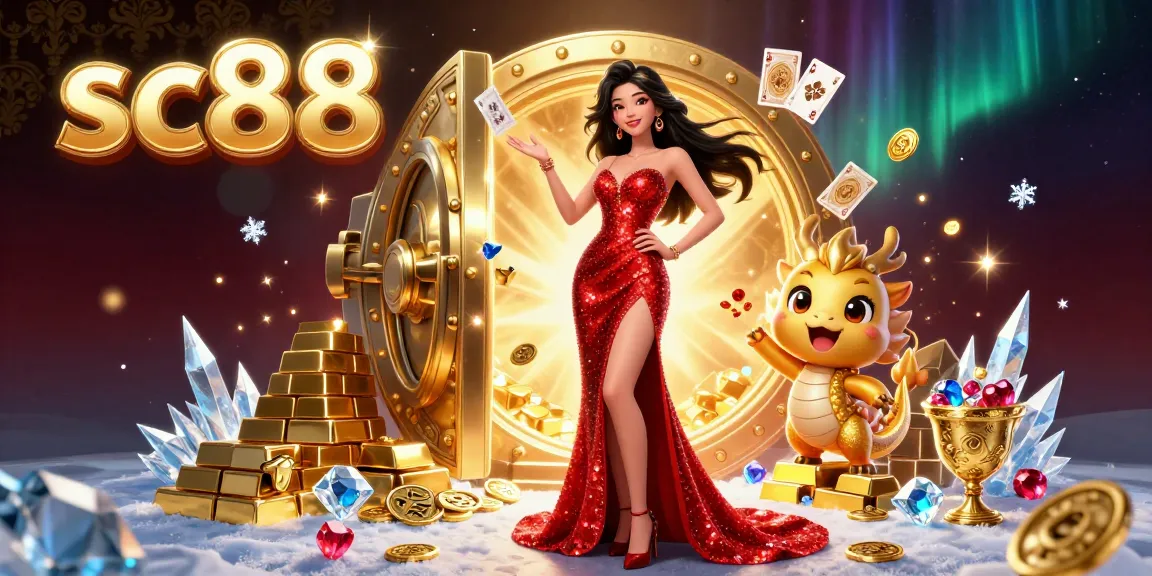 Experience thrilling gameplay at sc88 with a glamorous Asian casino ambassador surrounded by treasures and excitement.