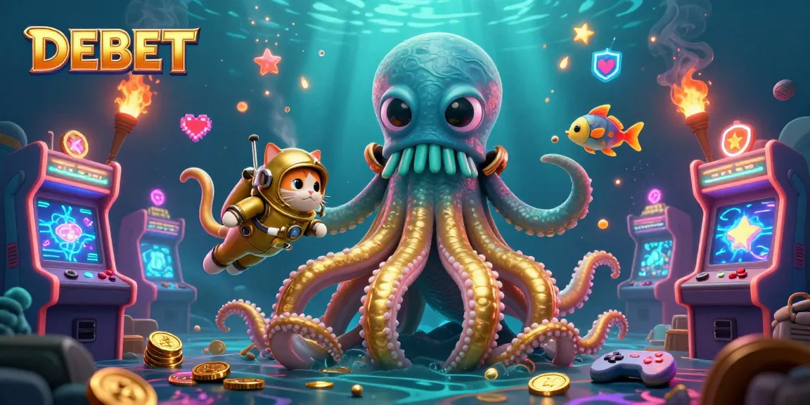 Experience DEBET's thrilling ocean-filled gaming scene with kraken, diving cat, and bioluminescent fish.