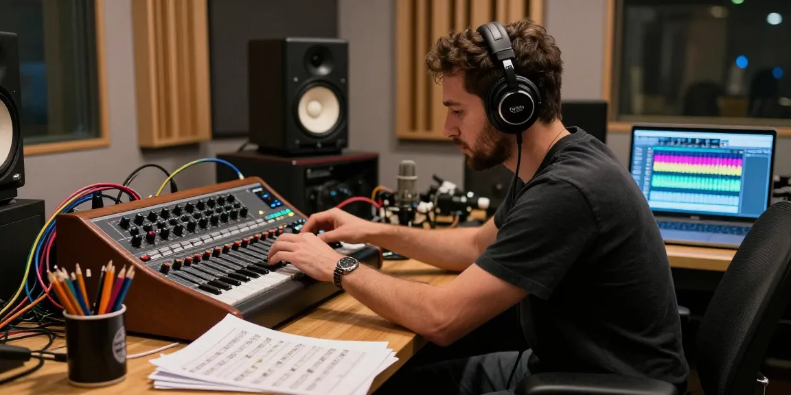 Dynamic audio engineer adjusting DA88 multitrack recorder in a creative recording studio