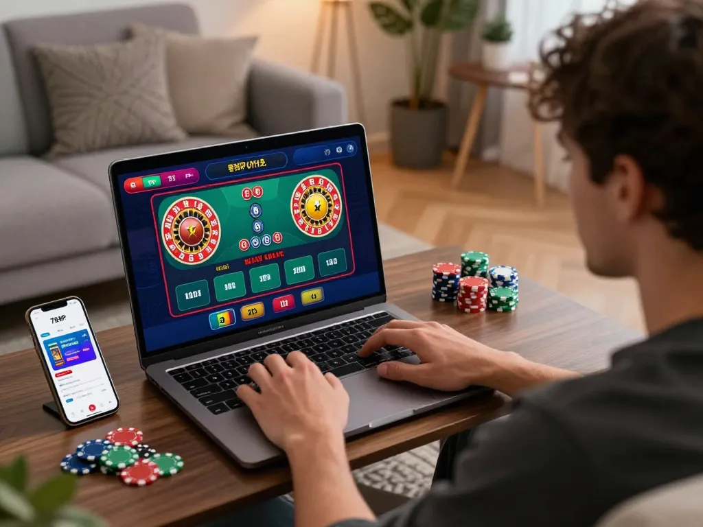 Player engaged in live dealer games on a laptop, showcasing the 789P com interface and a cozy home setup.