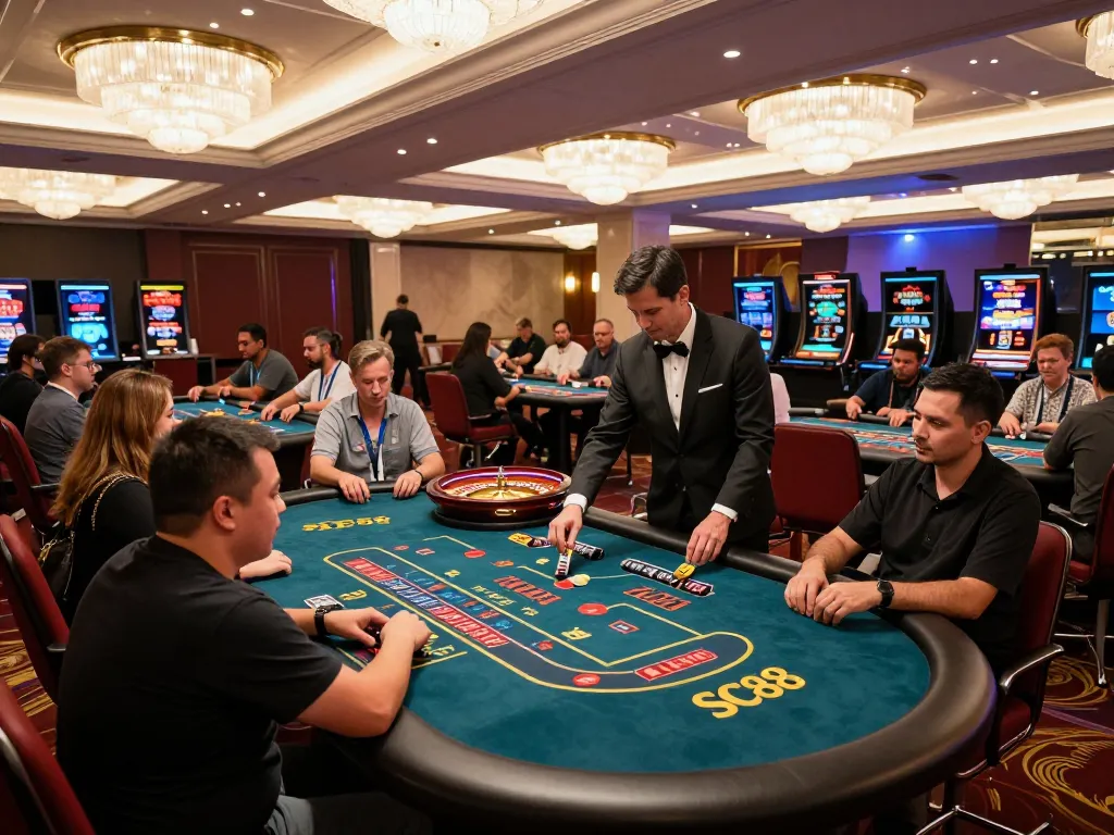 Engaged players enjoying SC88 at a vibrant casino with strategic gameplay moments.