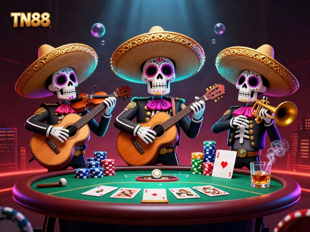Engage in exciting games at TN88 with vibrant casino atmosphere, colorful poker chips, and lively mariachi band.