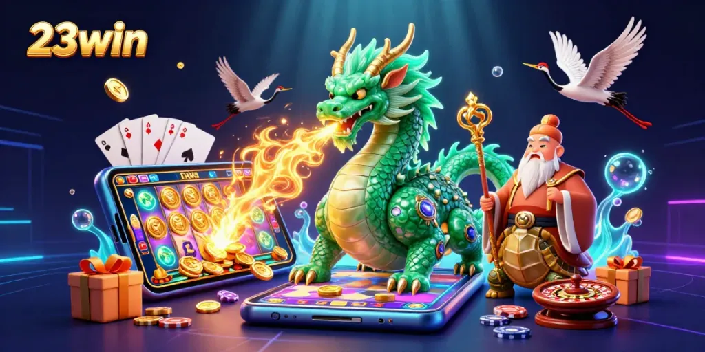 Experience the thrilling 23win gaming realm through spinning slot reels and vibrant casino elements.