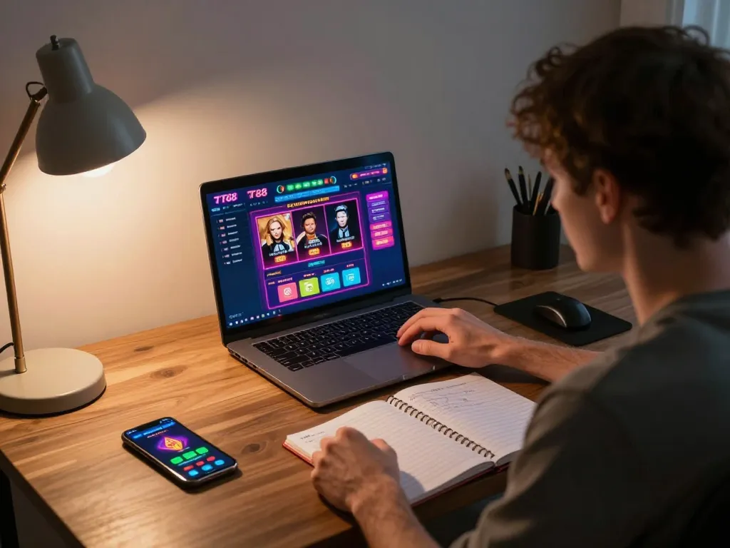 Engaging in TT88 online gaming strategy in a cozy home setup with vibrant screen lighting.