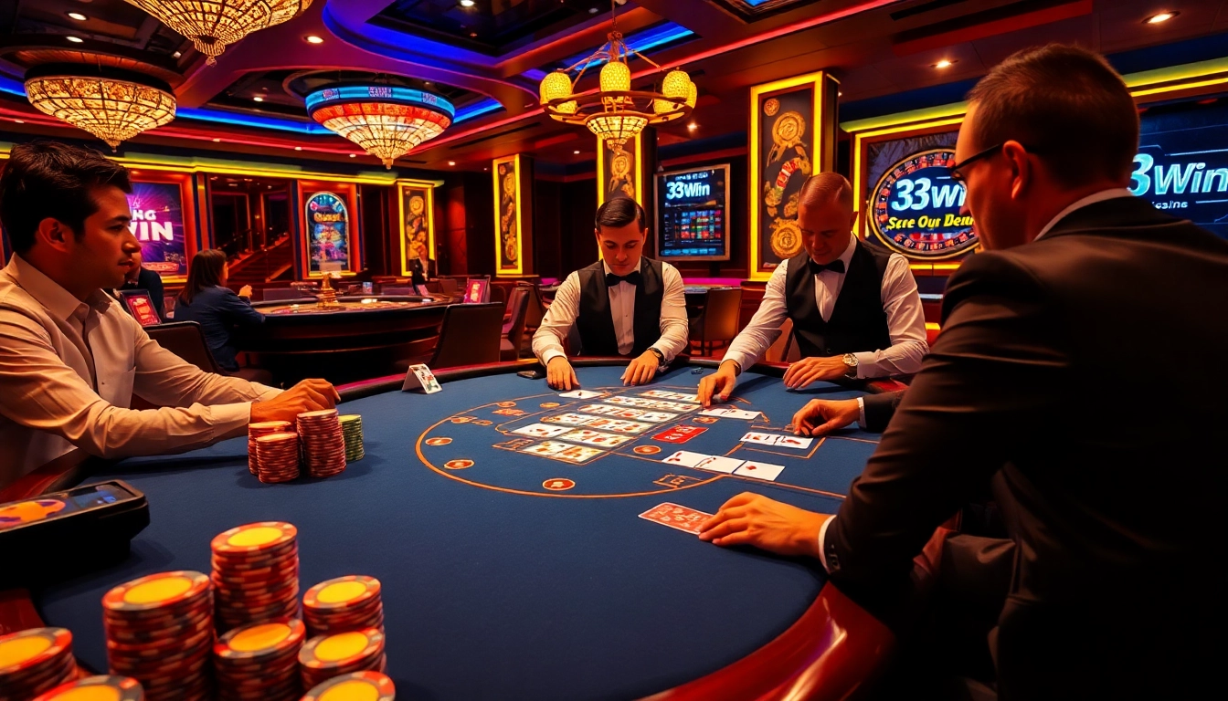 Experience the thrill of poker at 33Win with vibrant chips and professional dealers.