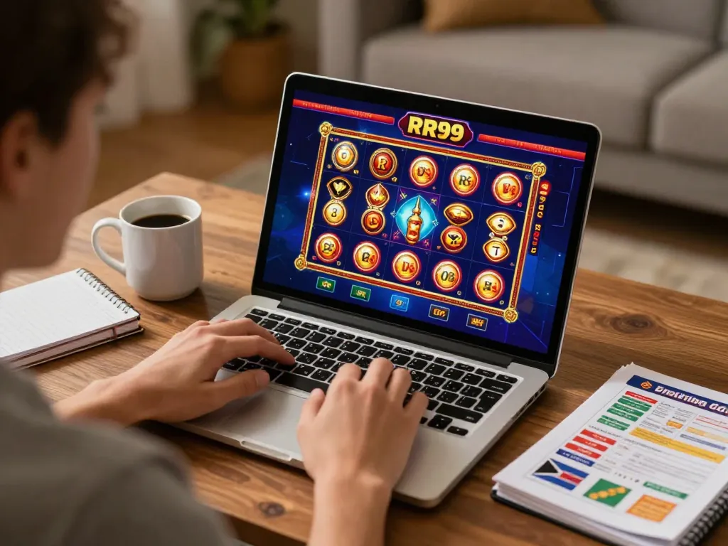 Player engaging with the RR99 online casino on a laptop, emphasizing strategy in a comfortable home setup.