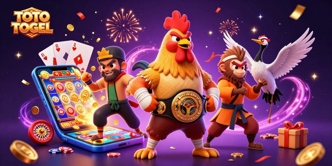 Engage in TOTO TOGEL with a vibrant 3D scene featuring a Muay Thai rooster and Shaolin monkey.