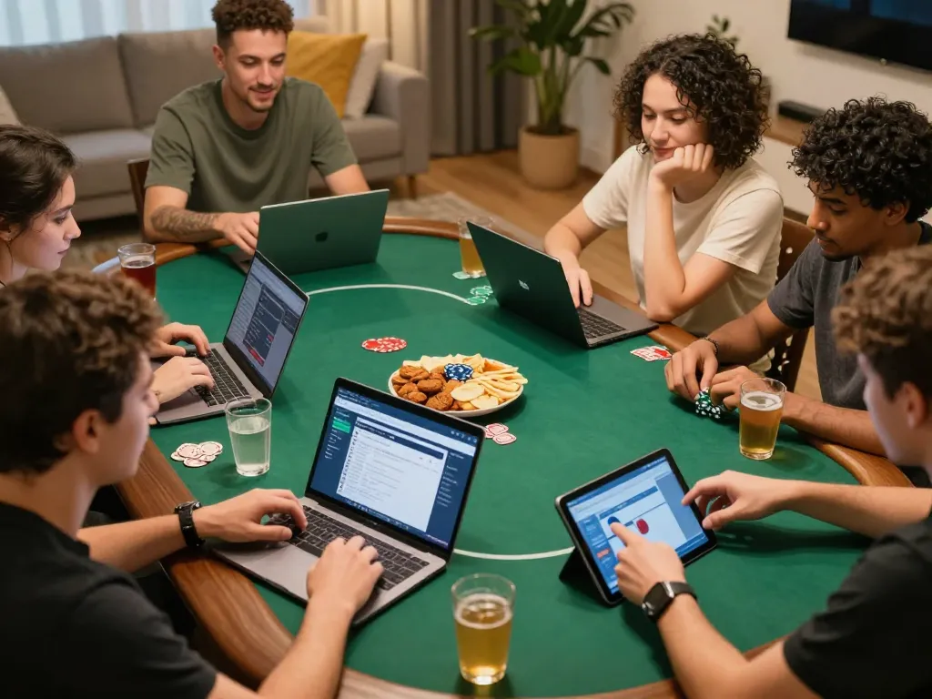 KONG88 players engaging in a lively online poker game with friends at home.