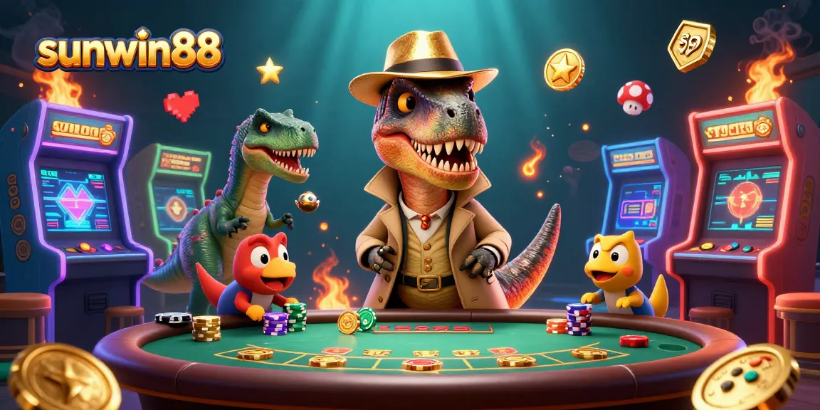 Play at sunwin88 with a velociraptor card counter, casino fun illustrated vividly.