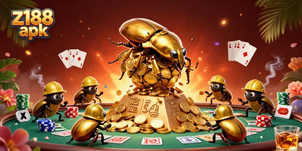 Experience the thrill of z188 apk as magical beetles navigate a vibrant casino landscape.