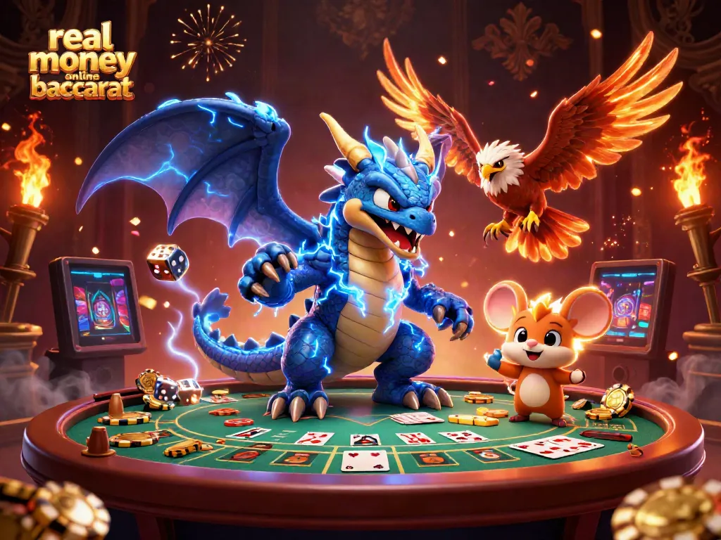 Experience real money online baccarat with a vibrant 3D illustration featuring dragons and casino elements.