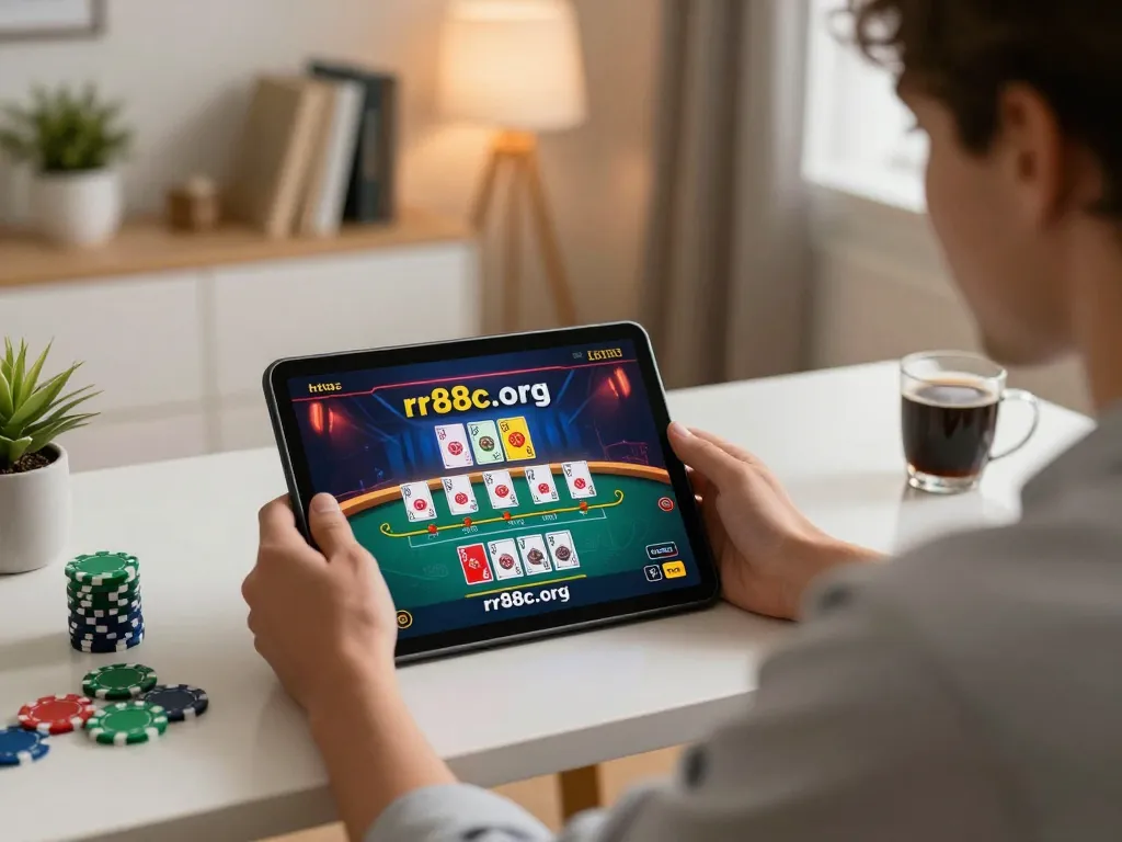 A user plays casino games on a tablet from https://rr88c.org/ in a cozy home office.