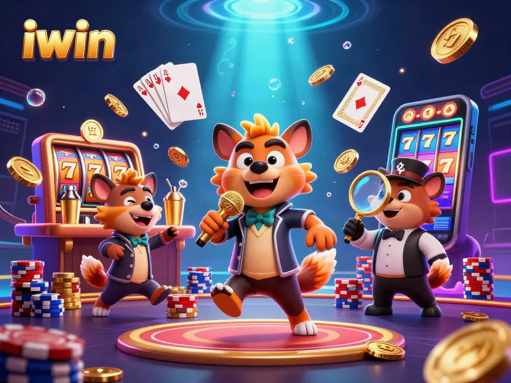 Experience the excitement at iwin casino with vibrant hyenas entertaining, surrounded by sparkling gaming elements.