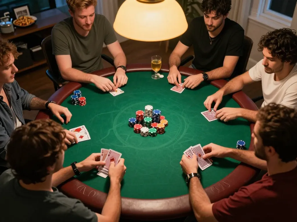 Enjoying a lively poker night at home with friends at nhà cái 79club, strategizing and playing cards.