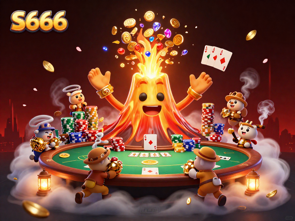 Experience S666 with a vibrant 3D illustrated scene showcasing playful elements of a lively casino atmosphere.