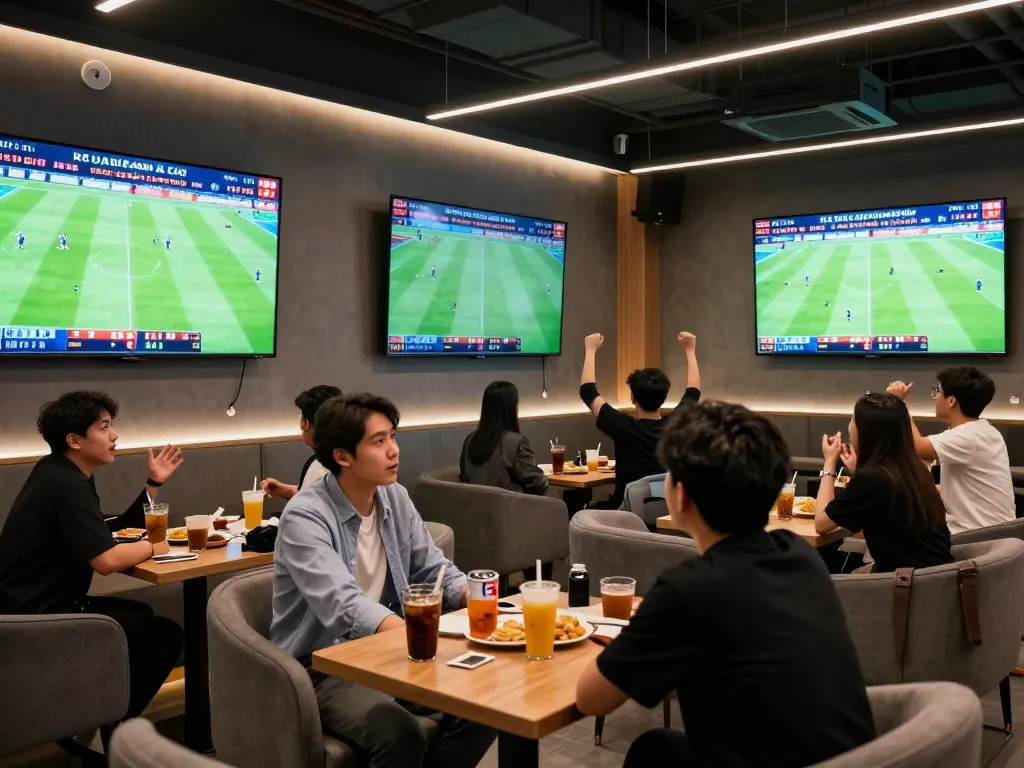 Engaged bettors watching the latest kèo nhà cái odds in a lively sports lounge during a live football match.