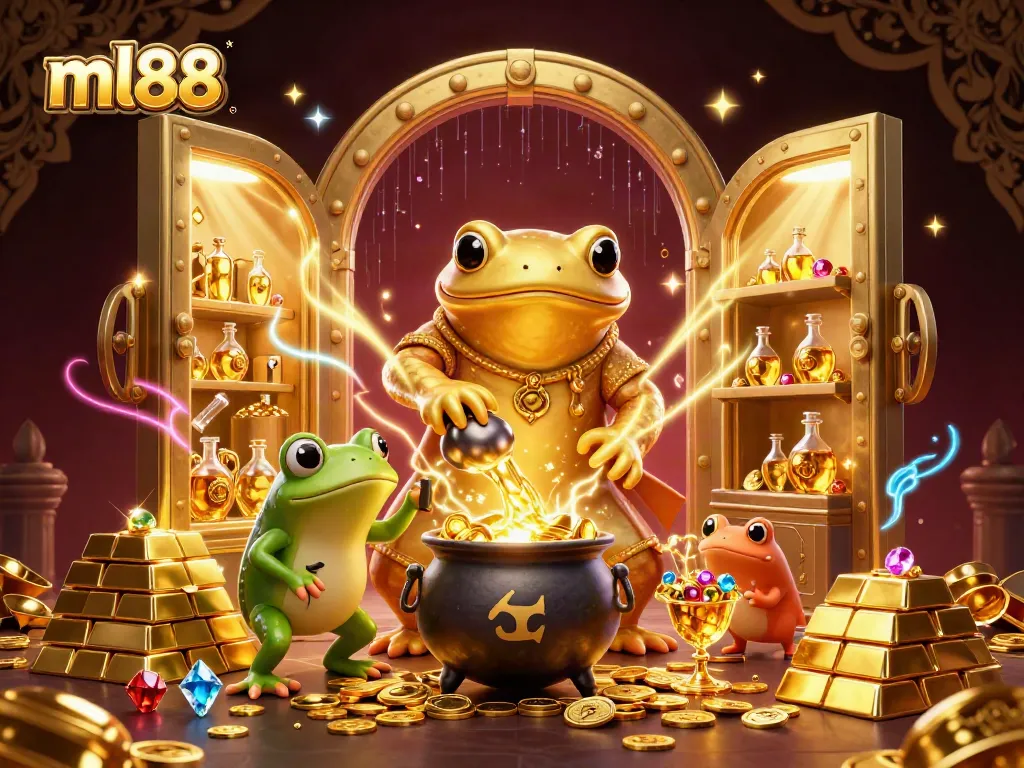 Experience the magic of ml88 in a rich 3D gold-themed casino illustration featuring an alchemist and his helpers.
