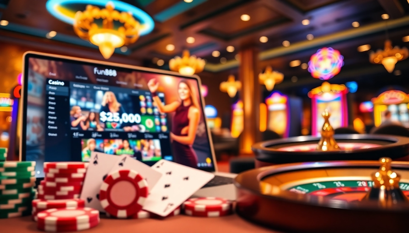 Experience excitement at Fun88 with a stylish casino environment filled with poker chips and slot machines.