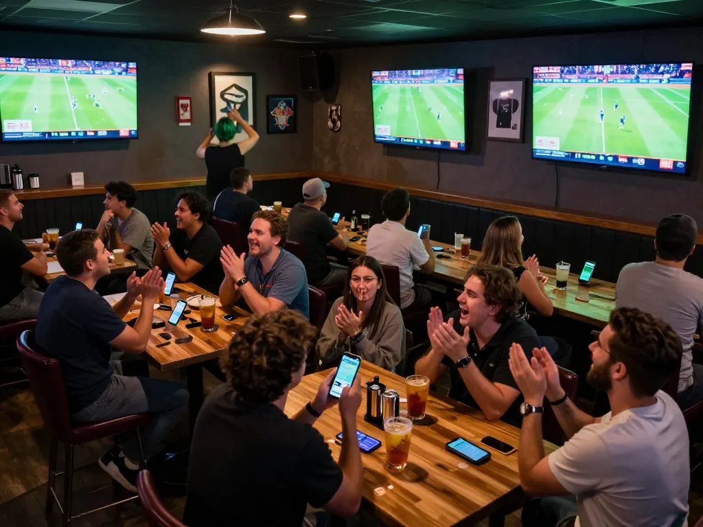 Socolive viewers celebrating a goal during a live football match at a sports bar, engaged and excited with smartphones