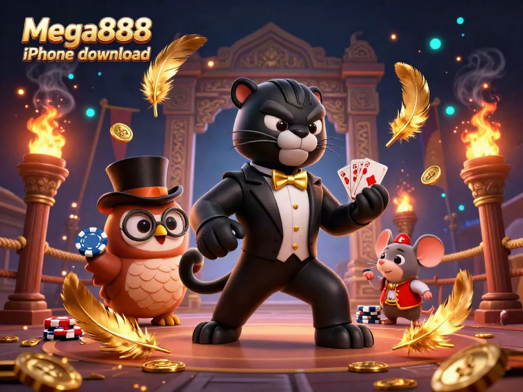 Engage with the Mega888 iPhone download featuring a stylish panther, owl, and lucky mouse in dynamic casino action.