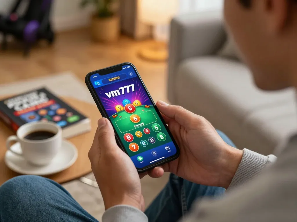 pemain yang terlibat menjelajahi aplikasi kasino vm777 di perangkat seluler, menikmati lingkungan bermain yang nyaman di rumah.