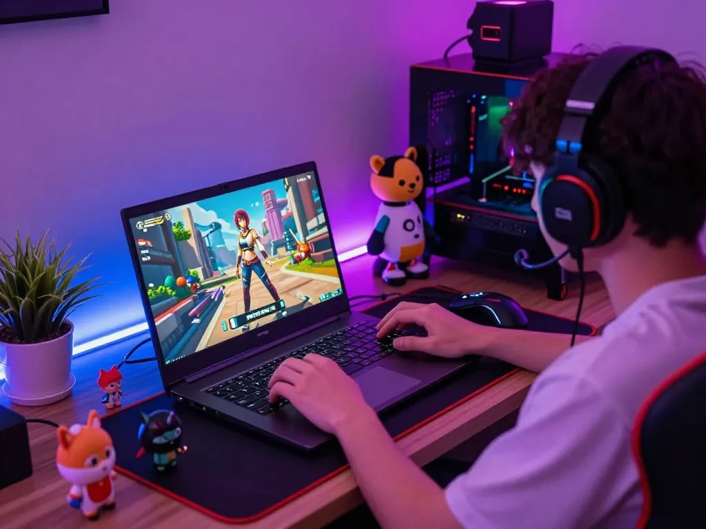 Playing engaging hentai games on a laptop with vibrant graphics in a cozy gaming setup.