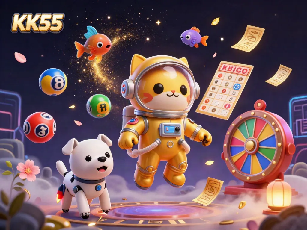 Experience KK55's vibrant gaming universe filled with dynamic lottery symbols and a whimsical space scene.