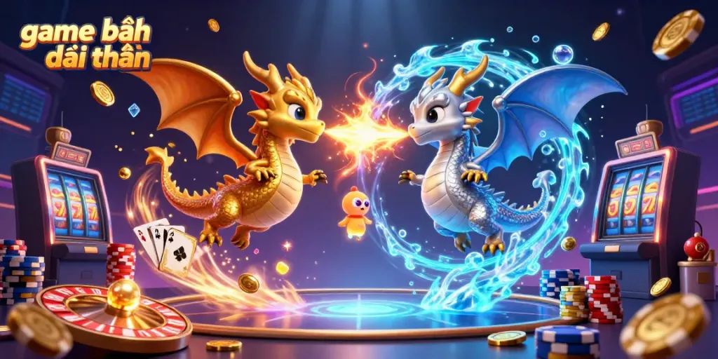 Experience game đánh bài đổi thưởng with vibrant 3D dragons, colorful chips, and exciting game elements.