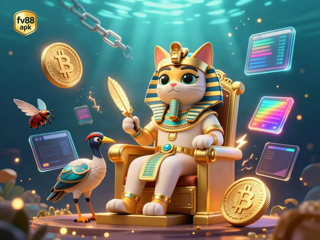 Engage with the fv88 apk in a vibrant 3D casino scene featuring unique characters and cryptocurrency elements.