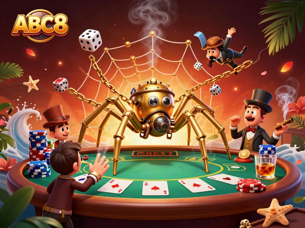 Experience ABC8's thrilling casino adventure with a 3D spider web of golden chains and poker chips.