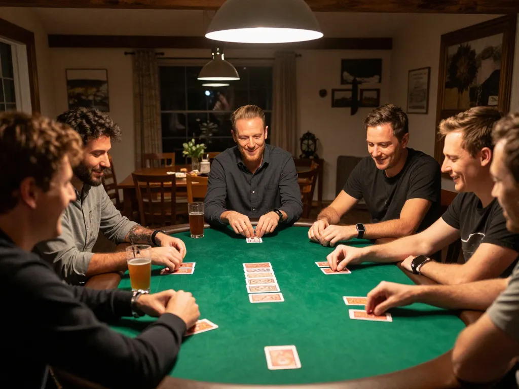 Players strategizing in a cozy home poker game, showcasing GVUI's fun betting environment