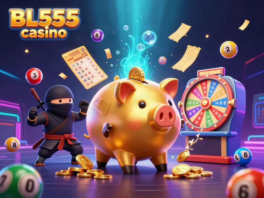 Experience the thrill of BL555 casino with dynamic gaming symbols and animated characters.
