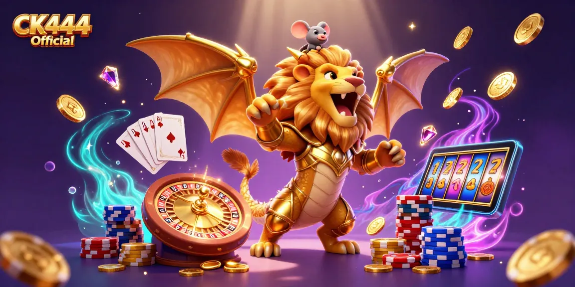 Experience the excitement of CK444 Official with a vibrant 3D casino illustration showcasing golden coins and thrilling games.